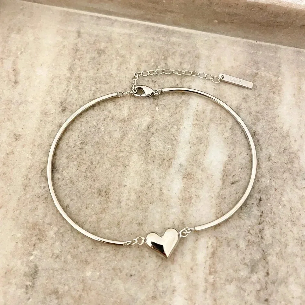 925 Sterling Silver Heart Cuff Bracelet Heart Pendant Bangle Bracelet